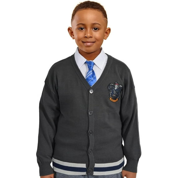 Harry Potter Hogwarts Ravenclaw House Long Sleeves Cardigan Sweaters, Button Down Knitwear for Youth & Young Adults, Unisex - Gray with Blue, X-Small