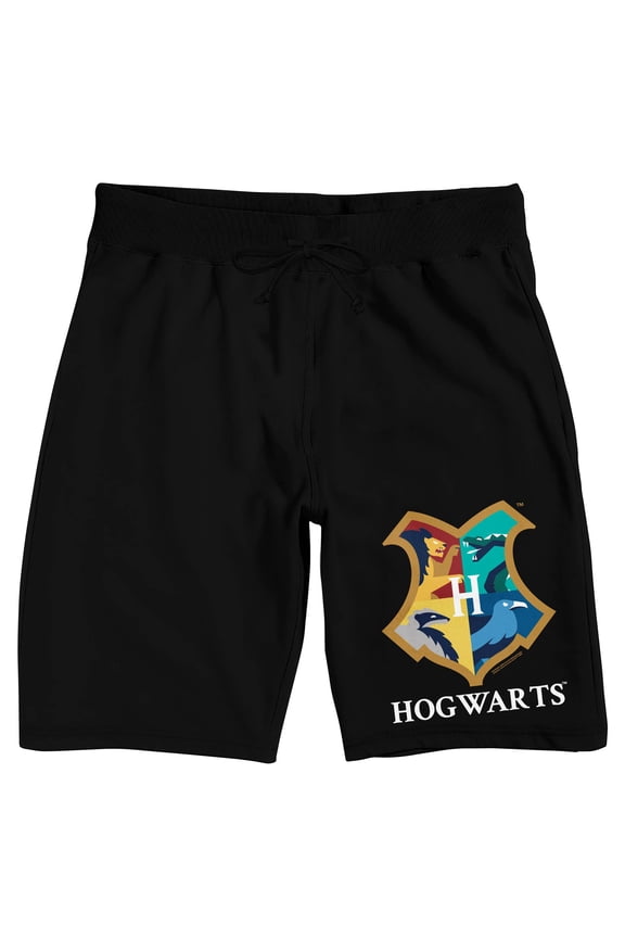 Harry Potter Hogwarts School Crest Men's Black Graphic Sleep Shorts-Large