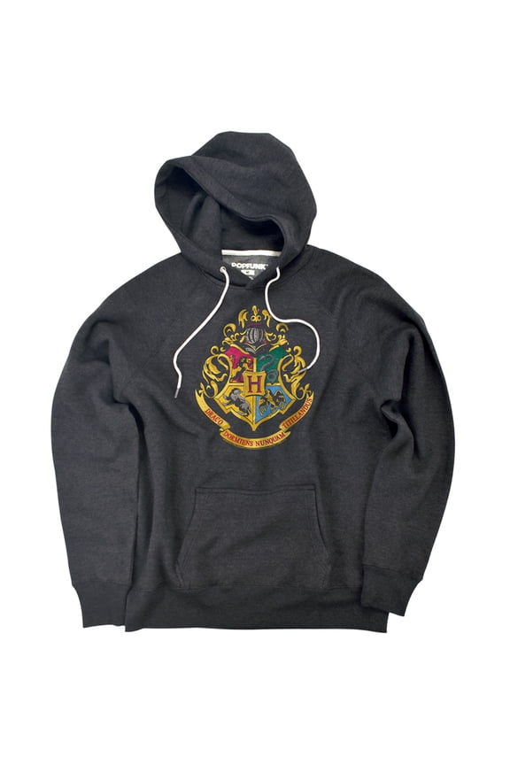 Hogwarts School Crest Unisex Adult Slim Fit Pull-Over Heather Hoodie, Charcoal, Medium