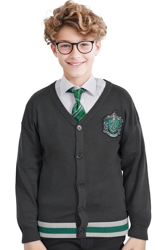Harry Potter Hogwarts Slytherin House Long Sleeves Cardigan Sweaters, Button Down Knitwear for Youth & Young Adults, Unisex - Gray with Green, X-Large