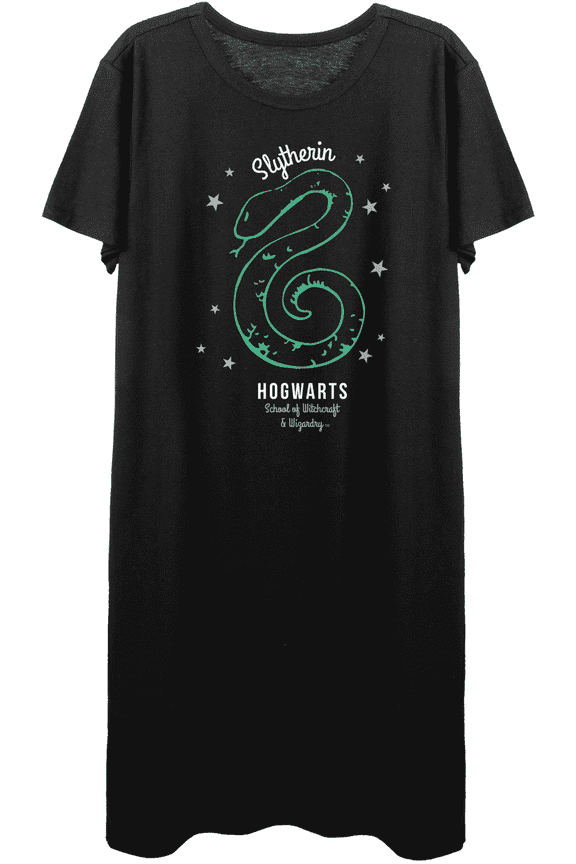 Harry Potter Hogwarts Slytherin Snake Juniors Black Tee Shirt Dress- S