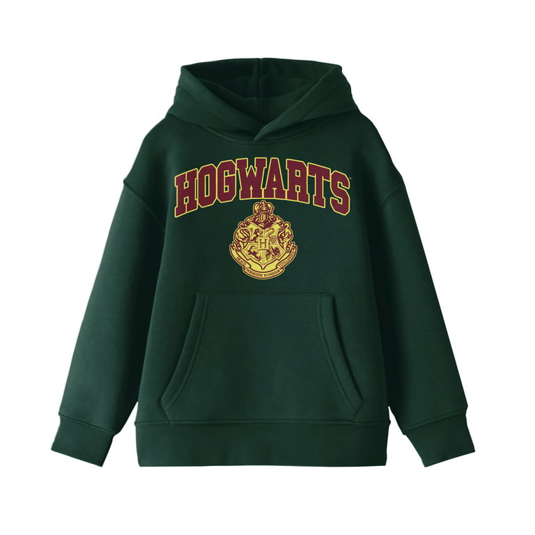 Harry Potter Hogwarts Text & Crest Logo Youth Boys Forest Green Graphic Print  Hoodie- L | Hoodies