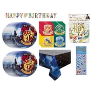 Harry Potter Hogwarts United Birthday Party Supplies Bundle Includes 16 Paper Plates, 16 Napkins, 1 Table Cover, 1 Happy Birthday Banner, 1 Dinosaur Sticker Sheet