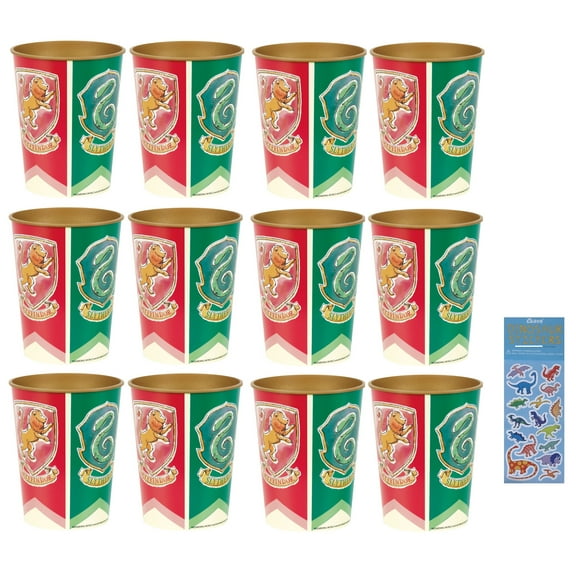 Harry Potter Hogwarts United Birthday Party Supplies Bundle includes 12 Plastic Reusable Favor Cups 16oz and 1 Esave Dinosaur Sticker Sheet
