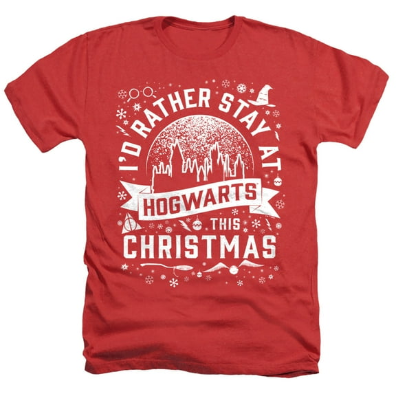 Harry Potter Hogwarts at Christmas Unisex Adult Heather T Shirt, Red Heather, Large