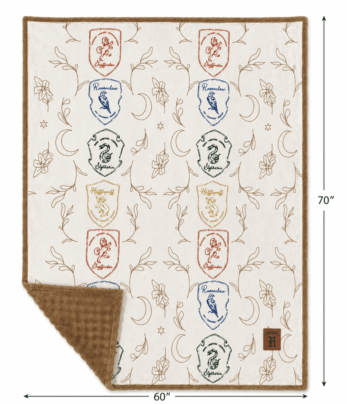 Harry Potter House Pattern Silk Touch Mink Velvet Throw with Leather Patch, 60x70 inches