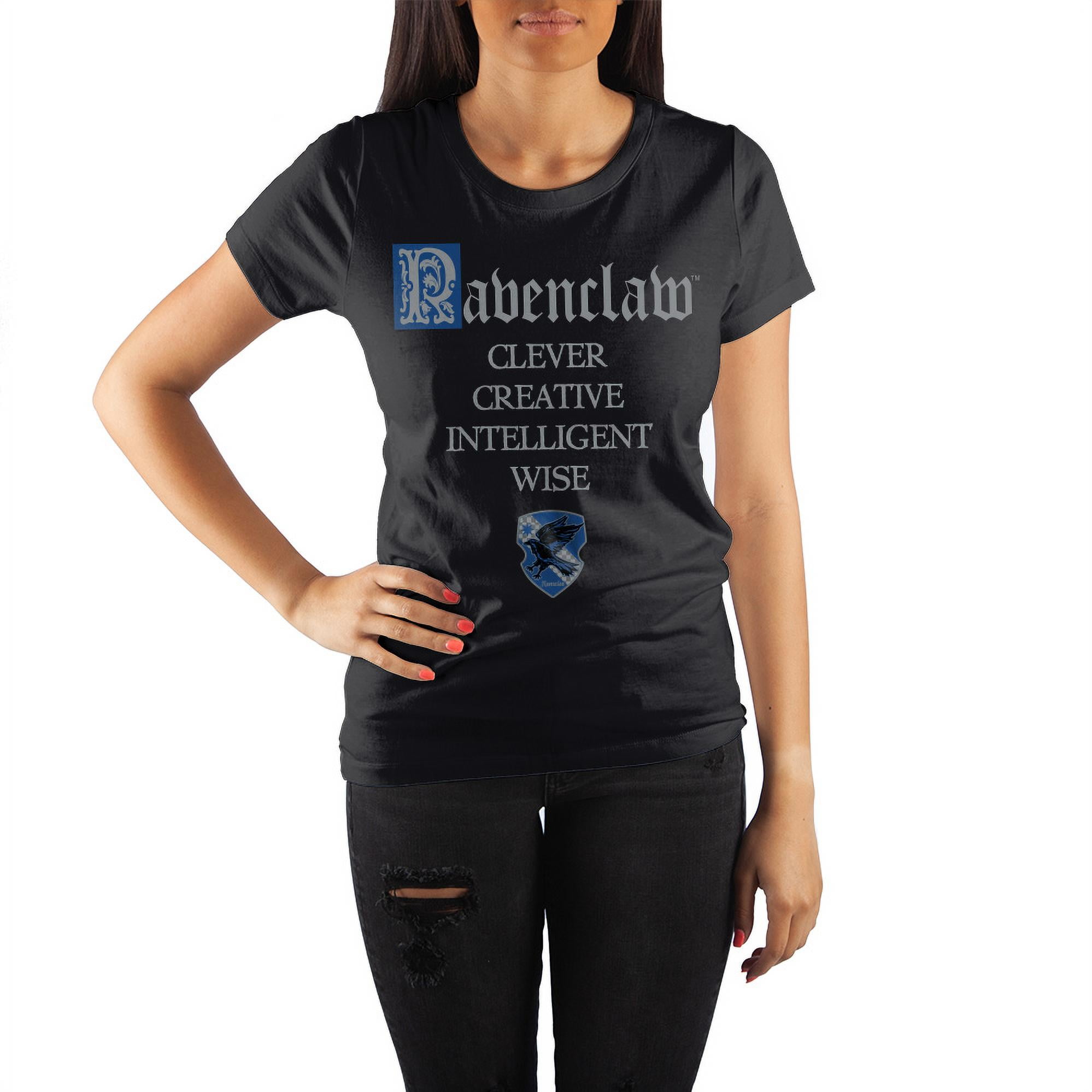 Harry Potter House of Ravenclaw Crest & Characteristics Clever Creative  Intelligent Wise Juniors Black Tee T-Shirt Shirt-Small