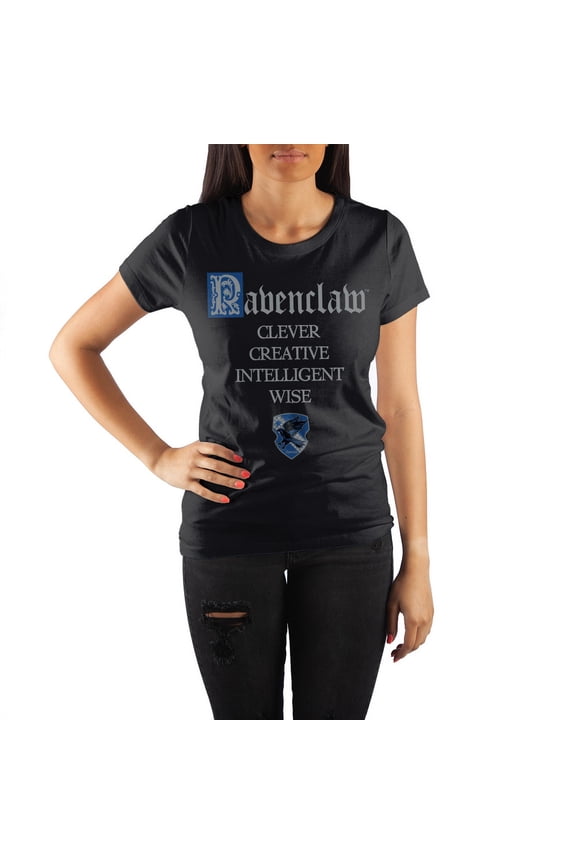 Harry Potter House of Ravenclaw Crest & Characteristics Clever Creative Intelligent Wise juniors Black Tee T-Shirt Shirt-Large