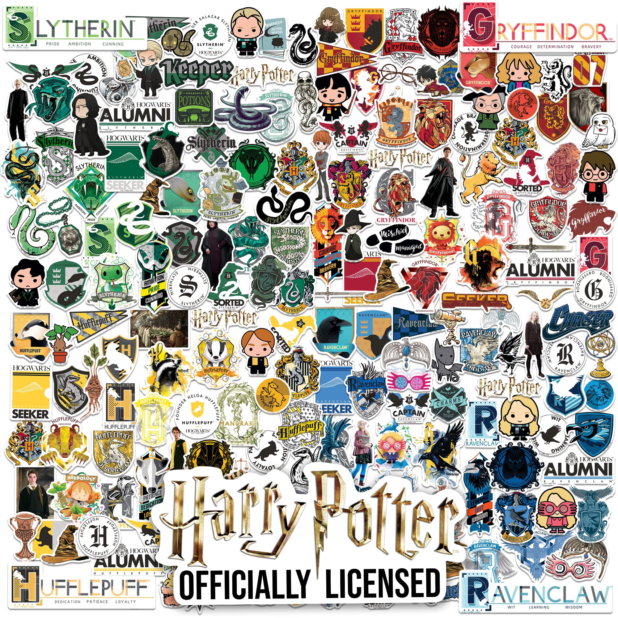 Harry Potter All Houses Theme Bundle 200ct Vinyl Decals  Gryffindor, Slytherin, Ravenclaw & Hufflepuff Designs for Laptop, Water Bottle, Scrapbooking, Tablet, Indoor & Outdoor