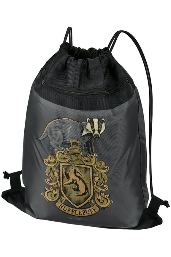 Harry Potter Hufflepuff Badger Crest Drawstring Backpack Sports Bag Sackpack 17" x 13", Perfect for Gym, Yoga or Practice