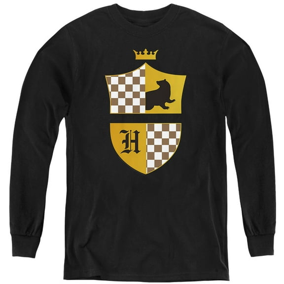 Harry Potter Hufflepuff Checkered Shield Crest Kids Long Sleeve T Shirt (Large) for Youth Boys and Girls, Black