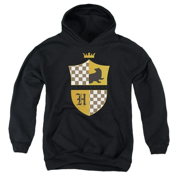 Harry Potter Hufflepuff Checkered Shield Crest Kids Pull-Over Hoodie (X-Large) for Youth Boys and Girls, Black