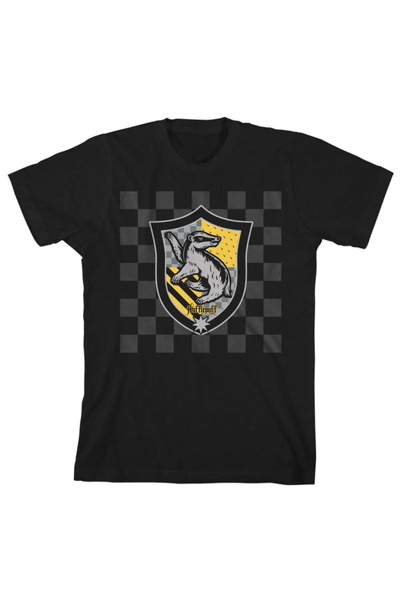 Harry Potter Hufflepuff Crest Checkered Background Boy's Black Tee-M