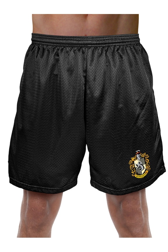 Harry Potter Hufflepuff Crest Mens Lined Mesh Shorts, Black, Small