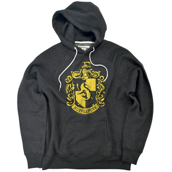 Harry Potter Hufflepuff Crest Unisex Adult Slim Fit Pull-Over Heather Hoodie, Charcoal, Medium