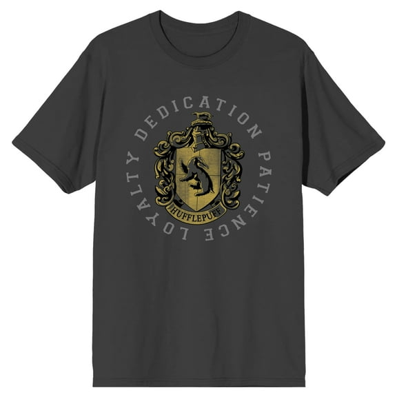 Harry Potter Hufflepuff Crest and Motto Mens Charcoal Graphic Tee-3X-Large