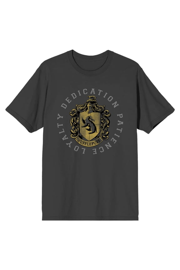 Harry Potter Hufflepuff Crest and Motto Mens Charcoal Graphic Tee-Small