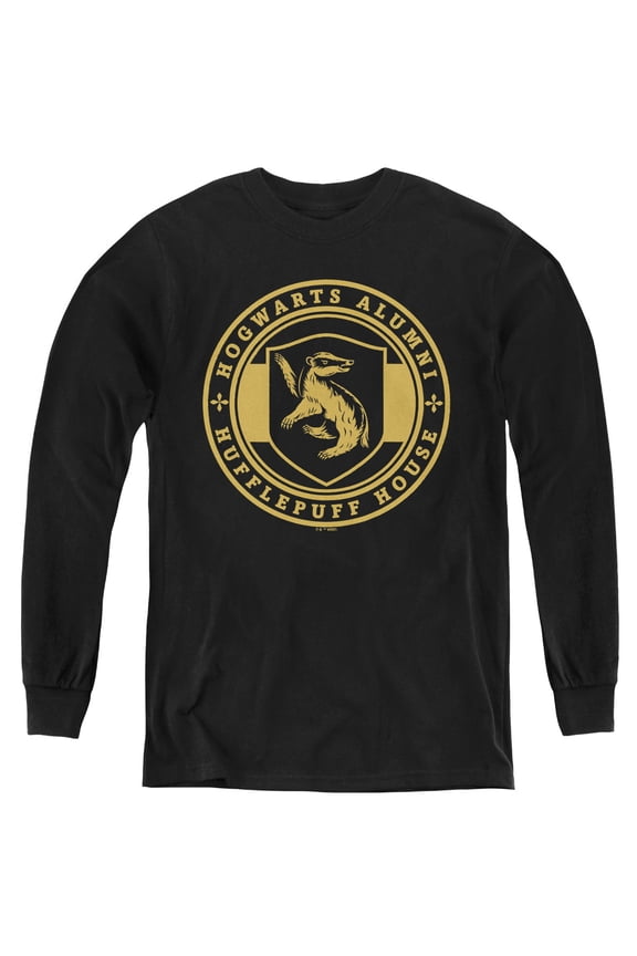 Hufflepuff House Badge Youth Long Sleeve T Shirt, Black, Large