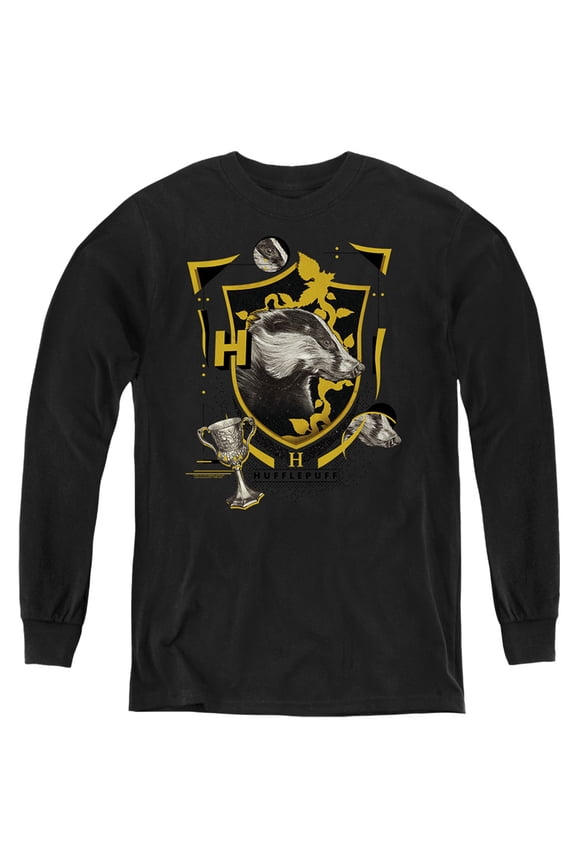 Hufflepuff Magicial Mischief Level Up Crest Kids Long Sleeve T Shirt (X-Large) for Youth Boys and Girls, Black