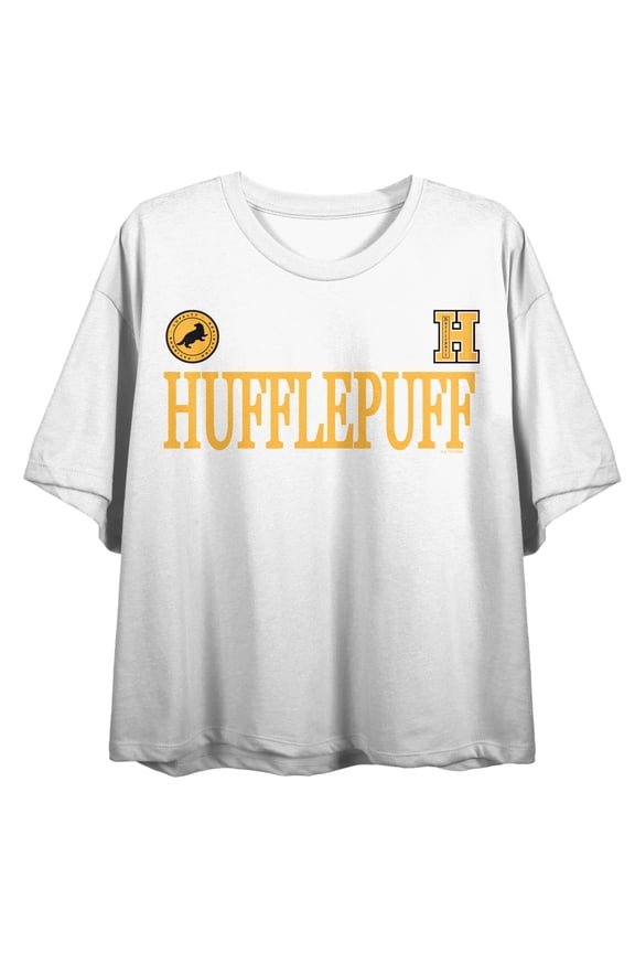 Harry Potter Hufflepuff Mascot Women's White Crew Neck Short Sleeve Crop Top-Medium