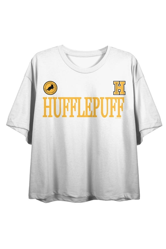Harry Potter Hufflepuff Mascot Women's White Crew Neck Short Sleeve Crop Top-XXL