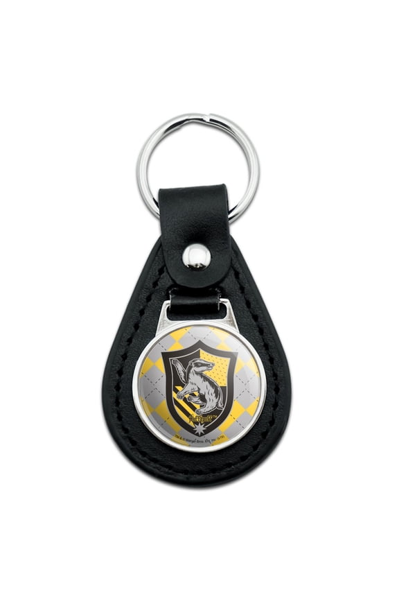 Harry Potter Hufflepuff Plaid Sigil Black Leather Keychain