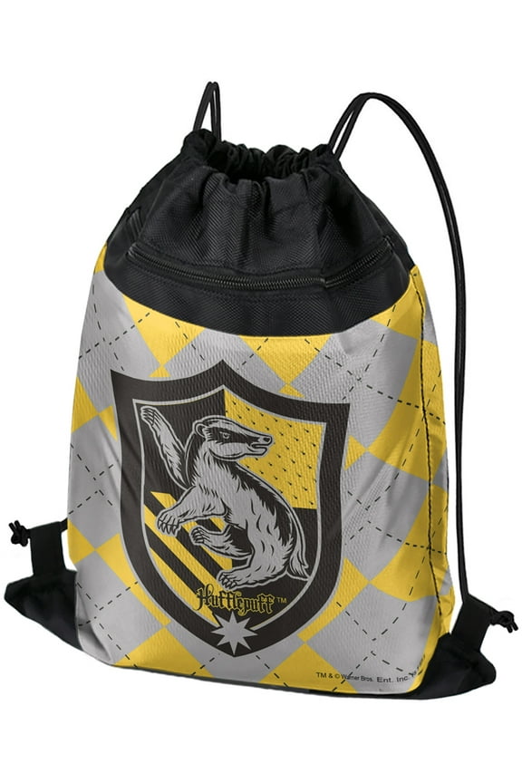 Harry Potter Hufflepuff Plaid Sigil Drawstring Backpack Sports Bag Sackpack 17" x 13", Perfect for Gym, Yoga or Practice