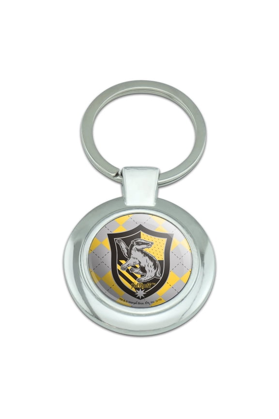 Harry Potter Hufflepuff Plaid Sigil Keychain Classy Round Chrome Plated Metal