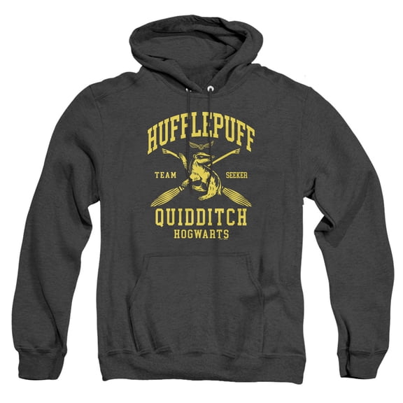 Harry Potter Hufflepuff Quidditch Arch Unisex Adult Pull-Over Heather Hoodie, Black Heather, Small