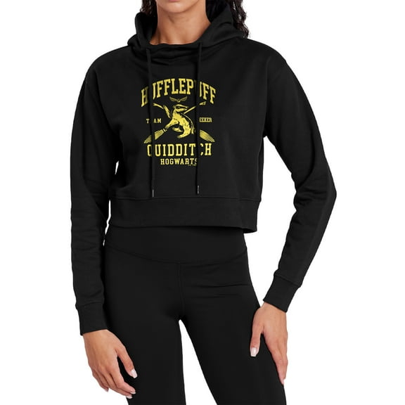 Harry Potter Hufflepuff Quidditch Arch Women's Cropped Hoodie Pullover Sweatshirt, Black, 2X-Large