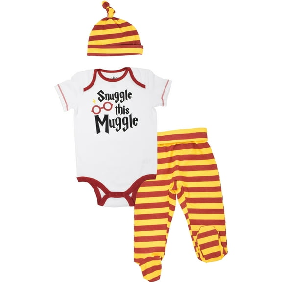 Harry Potter Infant Baby Boys Bodysuit Pants and Hat 3 Piece Outfit Set Newborn to Infant