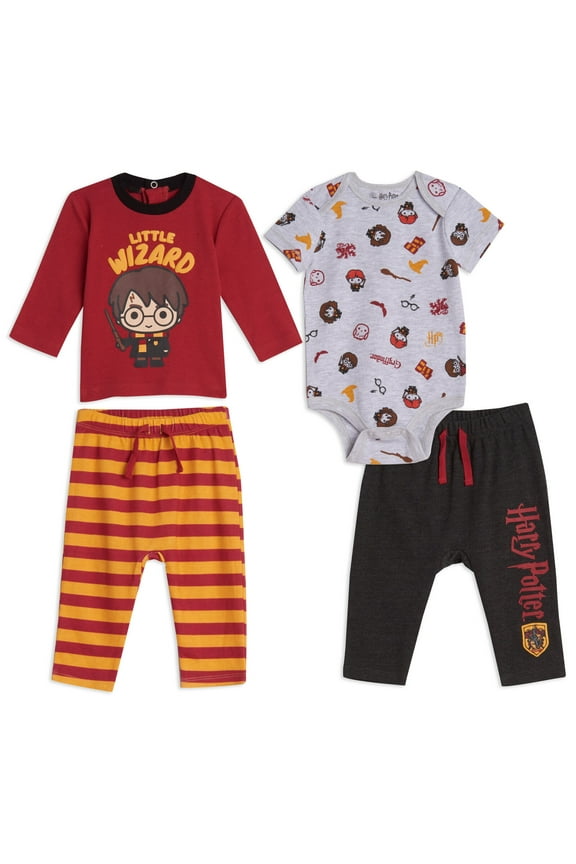 Infant Baby Boys Bodysuit T-Shirt and Pants 4 Piece Layette Set Newborn to Infant