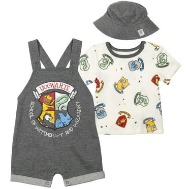 Harry Potter Infant Baby Boys French Terry Short Overalls T-Shirt and Hat 3 Piece Outfit Set Newborn to Infant