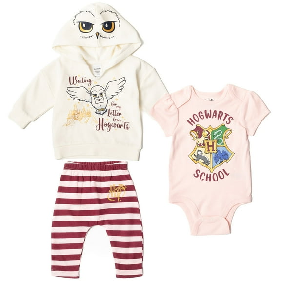 Harry Potter Infant Baby Girls Fleece Pullover Hoodie Bodysuit and Pants 3 Piece Outfit Set Newborn to Infant