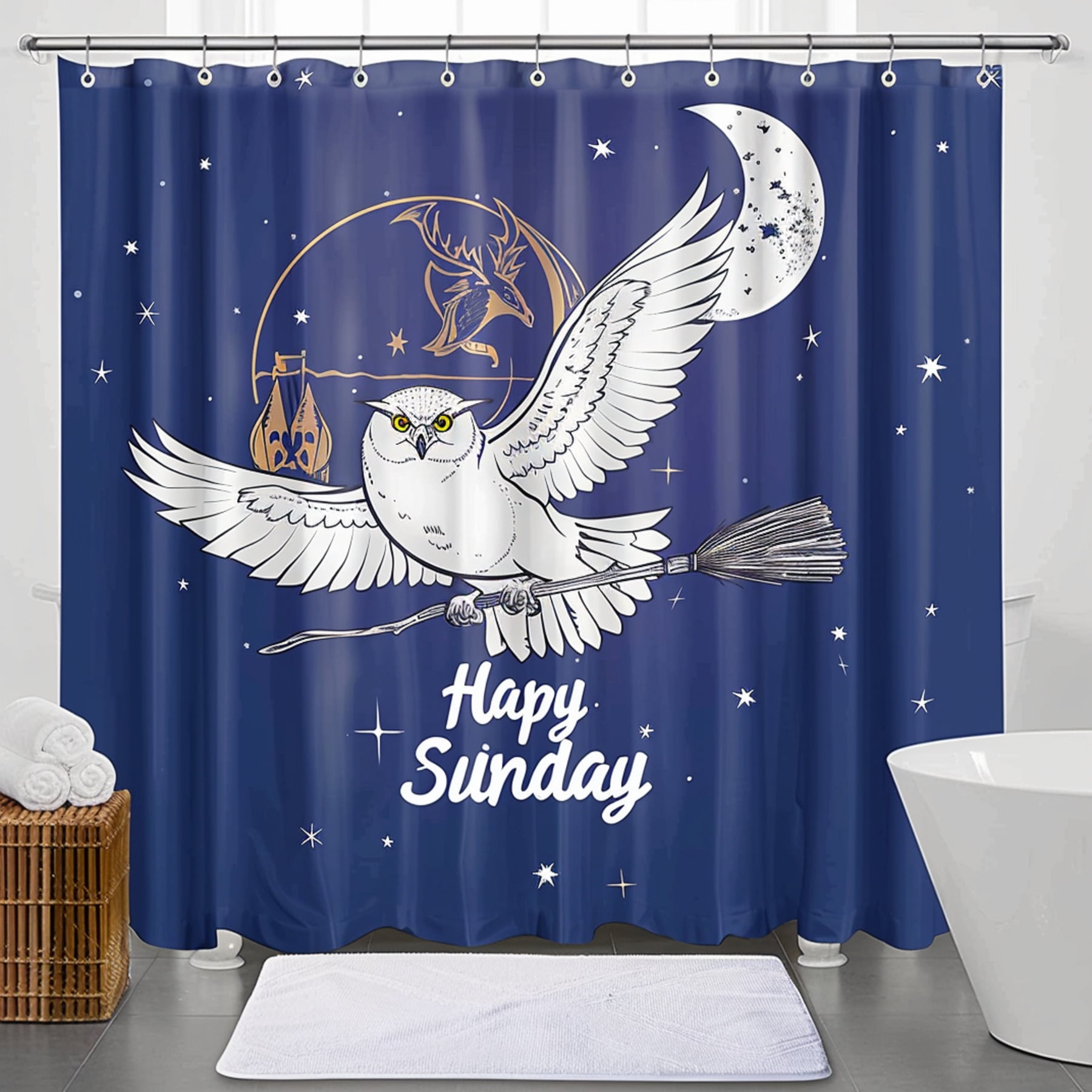 Harry Potter Inspired Owl and Broom Shower Curtain Hogwarts Logo Moon