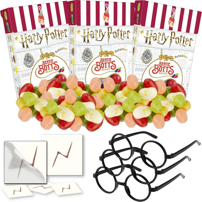 Harry Potter Jelly Beans - Harry Potter Candy - Jelly Belly Bertie Botts  Every Flavored Beans (1.2 oz.) + Gaudum Harry Potter Glasses + Lightning  Bolt Tattoo + Jelly Bean Rating Cards (3 of each) 