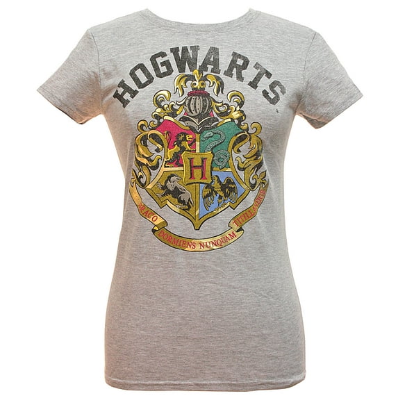 Harry Potter Juniors Hogwarts Crest Heather T-Shirt Grey Distressed (Medium)