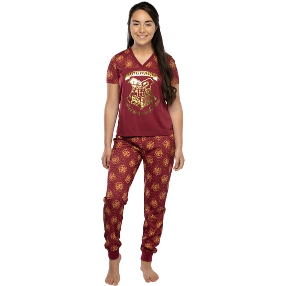 Harry Potter Juniors' Hogwarts Gold Foil Print 2PC Short Sleeve and Jogger Pajama Pant Set Loungewear