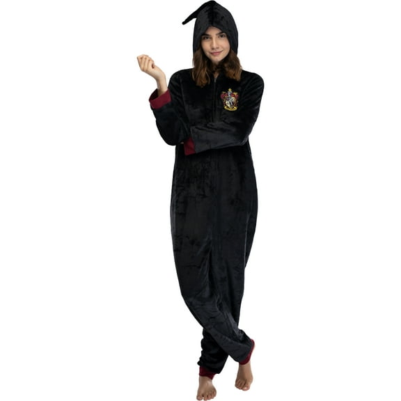 Harry Potter Juniors' Hogwarts Houses Hooded One-Piece Pajama Union Suit - Gryffindor Hufflepuff Ravenclaw Slytherin