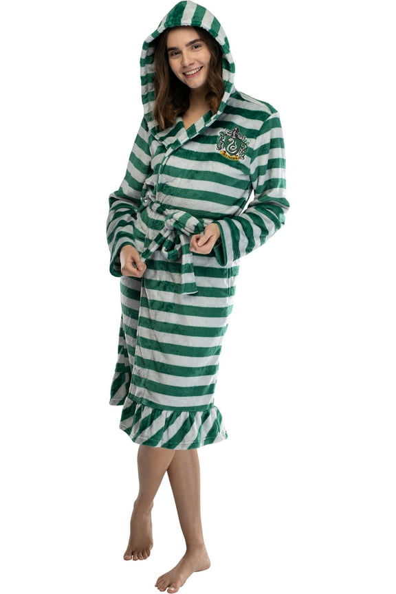 Harry Potter Juniors' Striped Hooded Fleece Robe Pajama Bathrobe - Gryffindor Hufflepuff Ravenclaw Slytherin