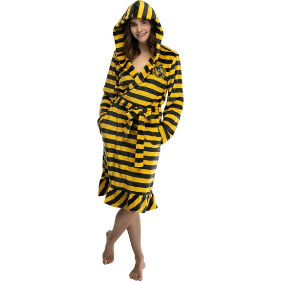 Harry Potter Juniors' Striped Hooded Fleece Robe Pajama Bathrobe - Gryffindor Hufflepuff Ravenclaw Slytherin