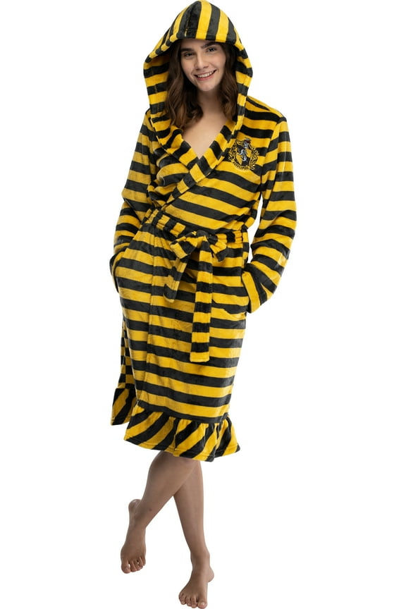 Harry Potter Juniors' Striped Hooded Fleece Robe Pajama Bathrobe - Gryffindor Hufflepuff Ravenclaw Slytherin