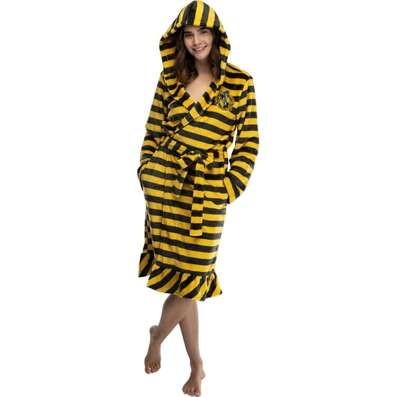 Harry Potter Juniors' Striped Hooded Fleece Robe Pajama Bathrobe - Gryffindor Hufflepuff Ravenclaw Slytherin