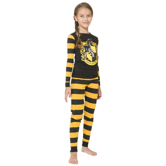 Harry Potter Kids Hogwarts Houses Crest Tight Fit 2 PC Long Sleeve Pajama Set - Hufflepuff Gryffindor Slytherin Ravenclaw