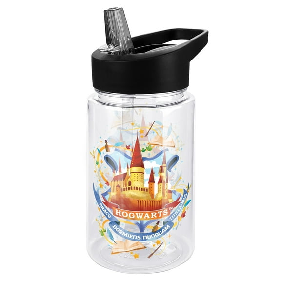 Harry Potter Kids Tritan Plastic Water Bottle with Straw Lid and Handle, Reusable Tumbler for Toddlers, Unisex for Girls and Boys, 12oz, Hogwarts Crest
