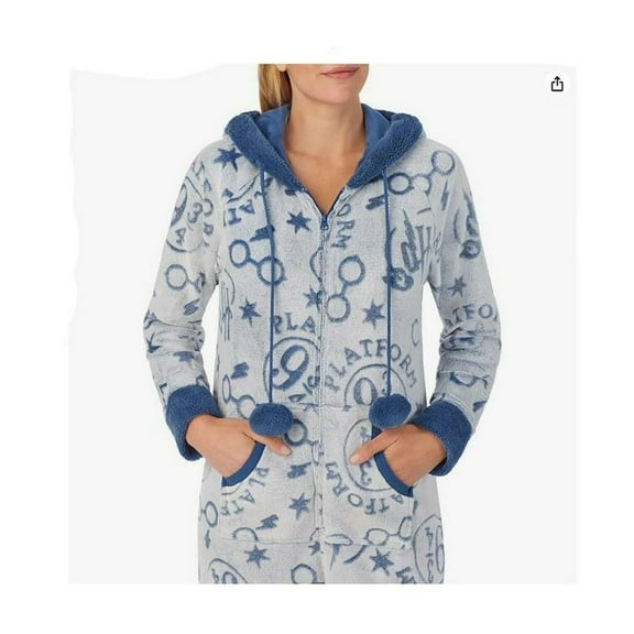 Harry Potter Ladies' Women Adult Plush Cozy Fleece One-Piece Hooded Pajama Sleepwear Small, Blue NEW