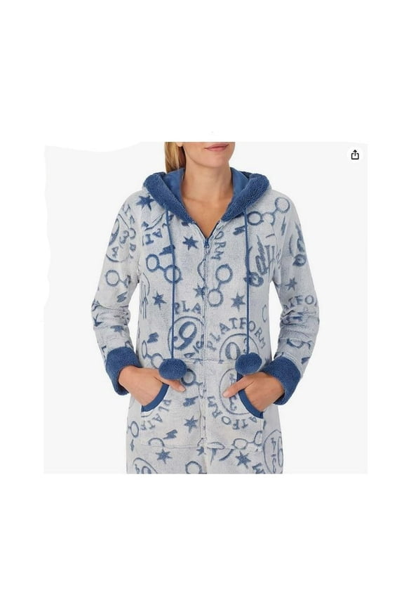Ladies' Women Adult Plush Cozy Fleece One-Piece Hooded Pajama Sleepwear Small, Blue NEW