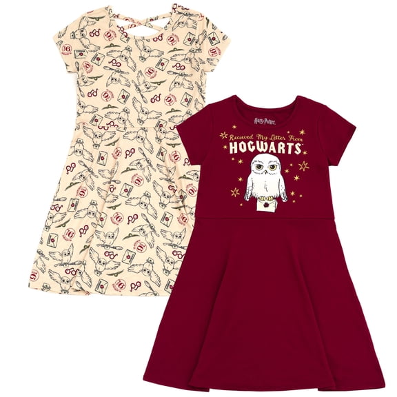 Harry Potter Little Girls' 2-Pack Skater Dresses Hedwig Maroon Cream