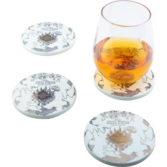 Harry Potter Marauder's Map Coaster Set of 4 - Ceramic Coasters with Gold Marauders Map Design - Great Decor Gift for Women and Men - 4" Each