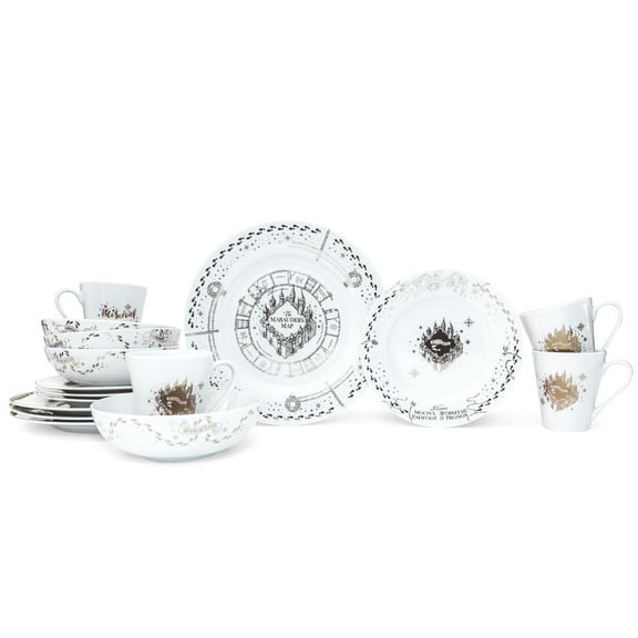 Ukonic Harry Potter Marauders Map 16-Piece Ceramic Dinnerware Set | Hogwarts-Themed Dish Set | Includes Dinner Plates, Salad Plates, Bowls, Mugs | Place Setting for 4